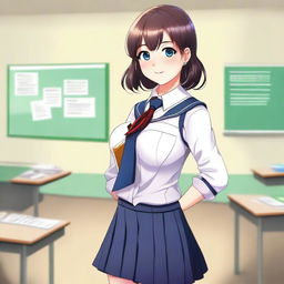 This digital art showcases a young woman in a school uniform