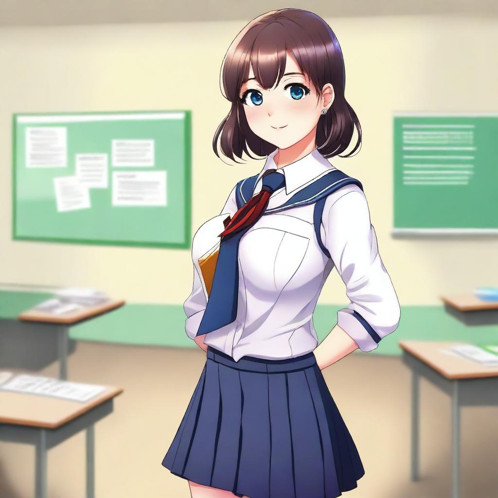 This digital art showcases a young woman in a school uniform