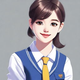 This digital art showcases a young woman in a school uniform