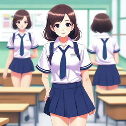 This digital art showcases a young woman in a school uniform