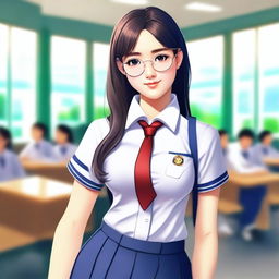 This digital art showcases a young woman in a school uniform