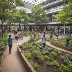 A bustling, eco-friendly school, filled with brightly coloured classrooms, students engaging in interactive learning, and lush green gardens. There's a big playground, a variety of health-focused meals in the cafeteria, and banners promoting health awareness.