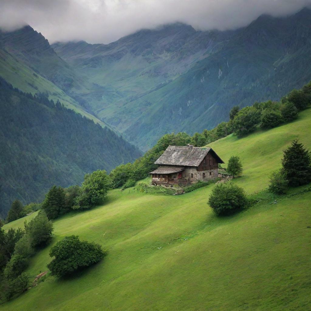 A solitary house nestled in the verdant mountainous landscape, the peaks sheltering it majestically