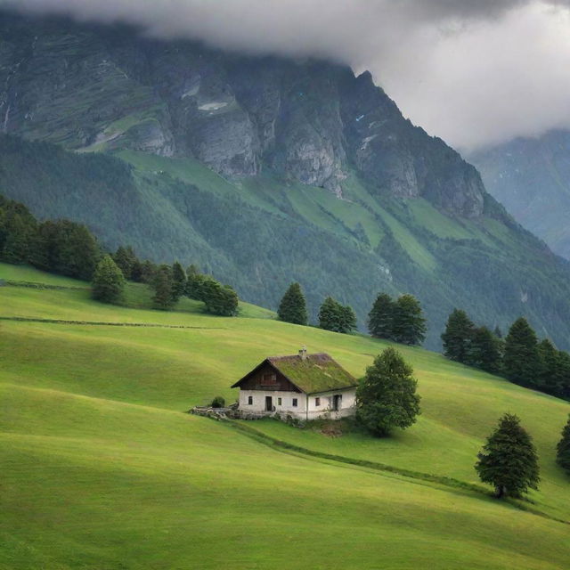 A solitary house nestled in the verdant mountainous landscape, the peaks sheltering it majestically