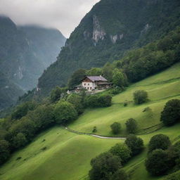 A solitary house nestled in the verdant mountainous landscape, the peaks sheltering it majestically