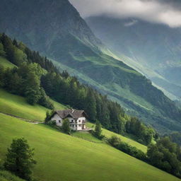 A solitary house nestled in the verdant mountainous landscape, the peaks sheltering it majestically