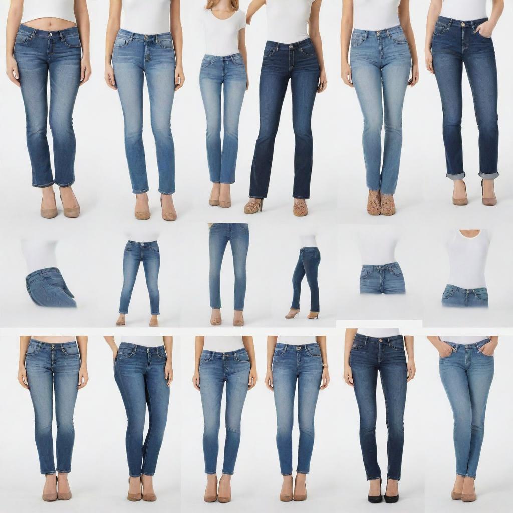 Single images of various styles of women's jeans, each on a white background