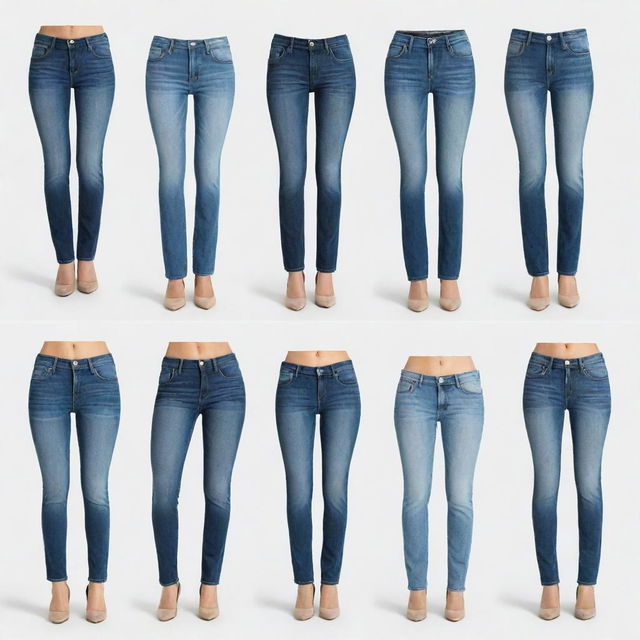 Single images of various styles of women's jeans, each on a white background