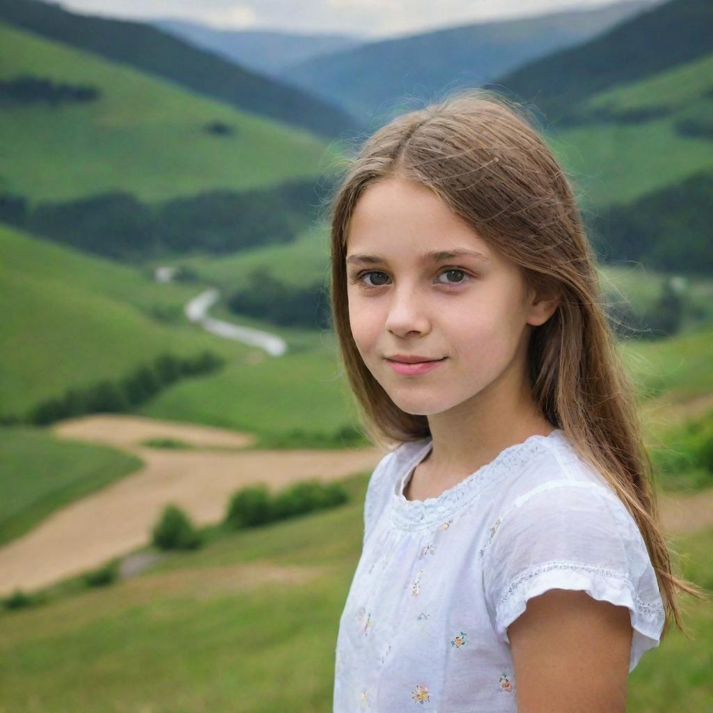 Portrait of a young girl in a picturesque landscape.