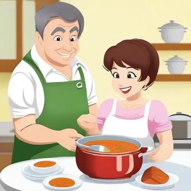 He gently dipped the ladle into the pot of soup, serving her a warm and comforting meal on their anniversary.