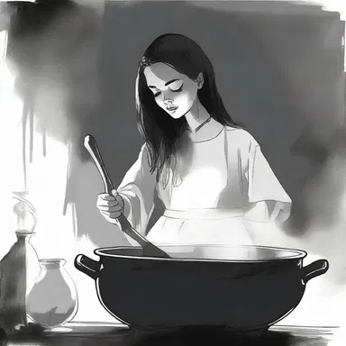 As she peered into the darkness, she saw a ladle floating in the air, stirring an invisible pot with a menacing aura.