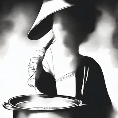 As she peered into the darkness, she saw a ladle floating in the air, stirring an invisible pot with a menacing aura.