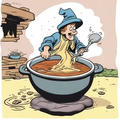 In the comic strip, the character ladled out soup from a large cauldron.