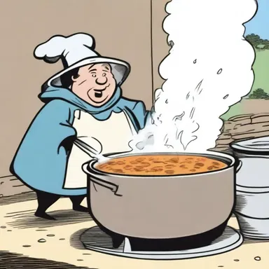 In the comic strip, the character ladled out soup from a large cauldron.