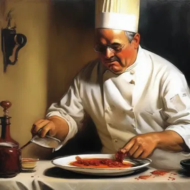 The artist skillfully depicted a chef ladling a rich sauce onto a plate in his painting.