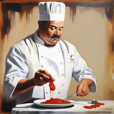 The artist skillfully depicted a chef ladling a rich sauce onto a plate in his painting.