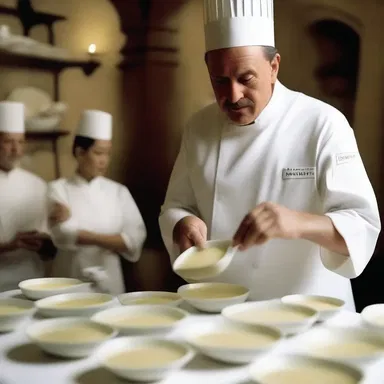 In the movie, the chef was shown ladling a creamy soup into elegant porcelain bowls.