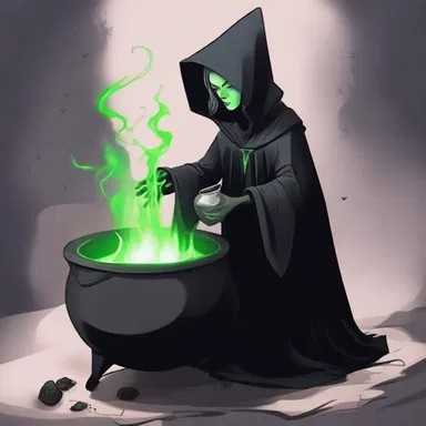 The witch ladled the cursed potion into the cauldron, creating a writhing, black liquid that emitted a sinister mist.