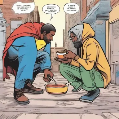 In the comic book, the superhero ladles a steaming bowl of soup for a homeless man, showing kindness even in the midst of chaos.