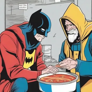 In the comic book, the superhero ladles a steaming bowl of soup for a homeless man, showing kindness even in the midst of chaos.