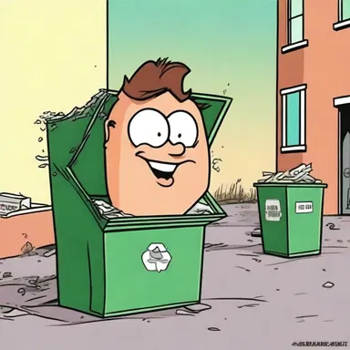 In the cartoon, the mischievous character finds himself in a feculent dumpster after his latest prank goes awry.