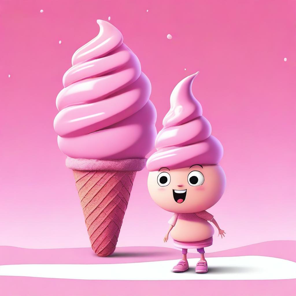 A vivid, high-quality digital art image featuring a minuscule child standing next to a gigantic pink ice cream cone