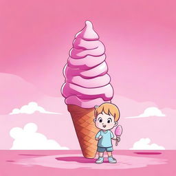 A vivid, high-quality digital art image featuring a minuscule child standing next to a gigantic pink ice cream cone