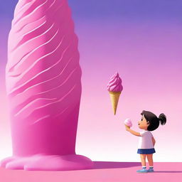 A vivid, high-quality digital art image featuring a minuscule child standing next to a gigantic pink ice cream cone