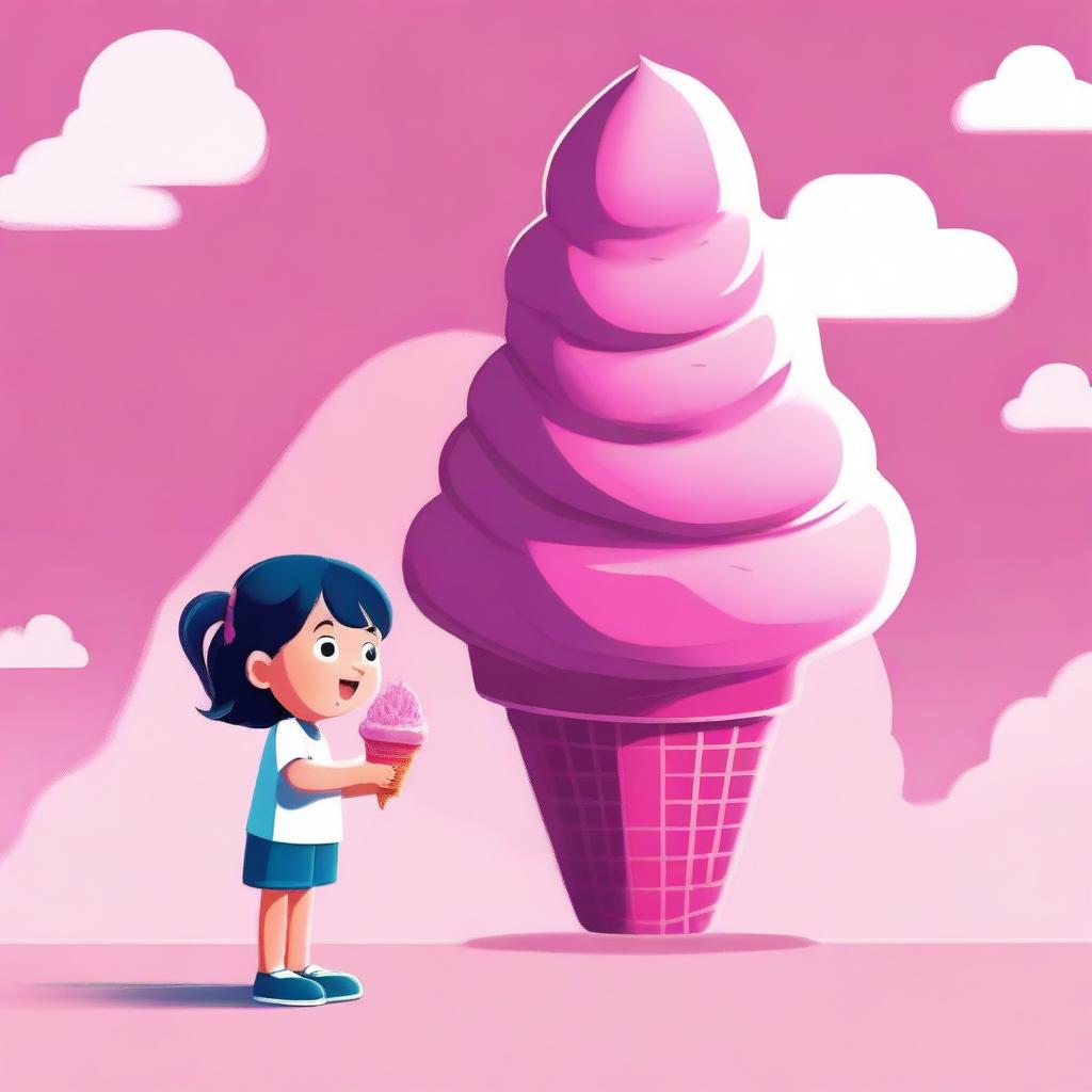 A vivid, high-quality digital art image featuring a minuscule child standing next to a gigantic pink ice cream cone