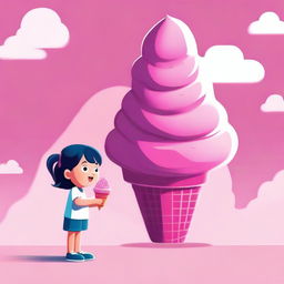 A vivid, high-quality digital art image featuring a minuscule child standing next to a gigantic pink ice cream cone