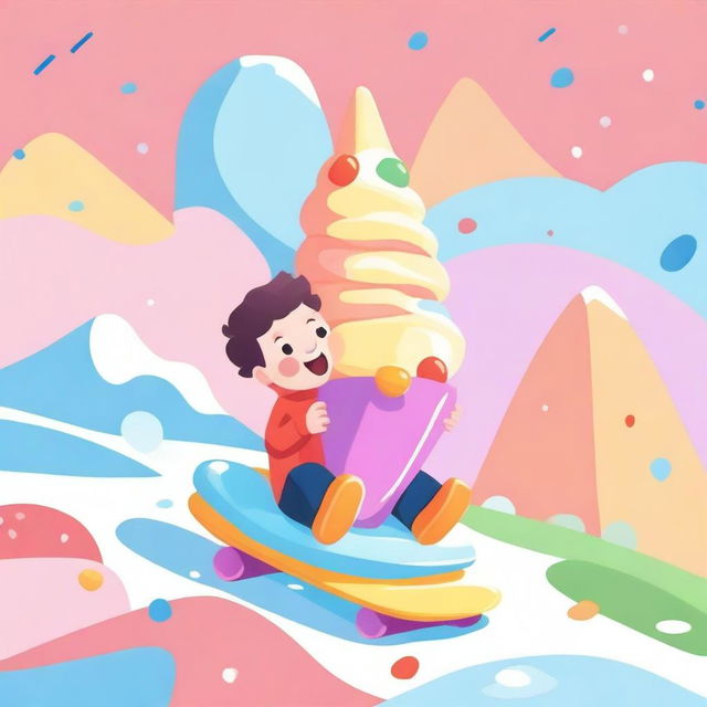 A high-quality, fun, and colorful digital art image showcasing a kid with a sled, sliding down a giant ice cream cone.