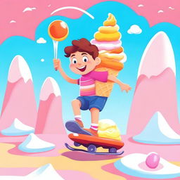A high-quality, fun, and colorful digital art image showcasing a kid with a sled, sliding down a giant ice cream cone.