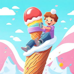 A high-quality, fun, and colorful digital art image showcasing a kid with a sled, sliding down a giant ice cream cone.