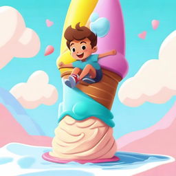 A high-quality, fun, and colorful digital art image showcasing a kid with a sled, sliding down a giant ice cream cone.