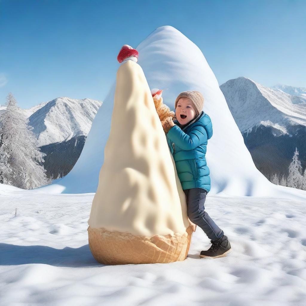 A realistic, high-quality photograph of a child in winter clothes, sledding down a giant ice cream cone that looks like a mountain