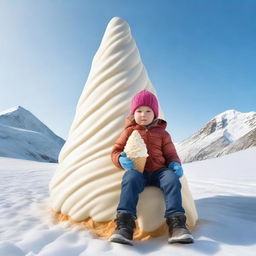 A realistic, high-quality photograph of a child in winter clothes, sledding down a giant ice cream cone that looks like a mountain