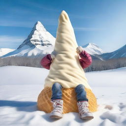 A realistic, high-quality photograph of a child in winter clothes, sledding down a giant ice cream cone that looks like a mountain