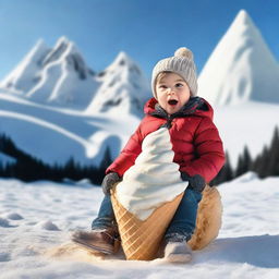 A realistic, high-quality photograph of a child in winter clothes, sledding down a giant ice cream cone that looks like a mountain