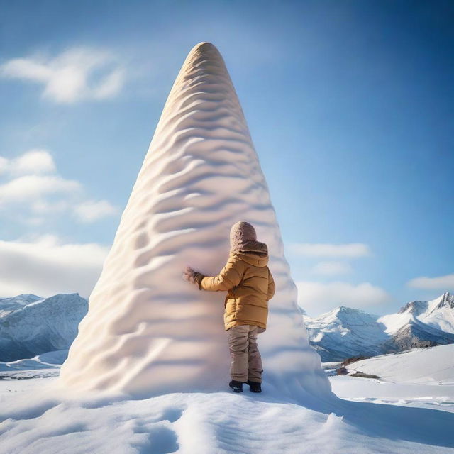 A high-quality, realistic photograph featuring a child in winter clothing, sliding down a giant ice cream cone that appears as large as a mountain