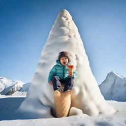 A high-quality, realistic photograph featuring a child in winter clothing, sliding down a giant ice cream cone that appears as large as a mountain