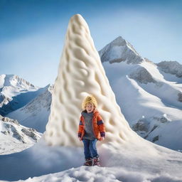 A high-quality, realistic photograph featuring a child in winter clothing, sliding down a giant ice cream cone that appears as large as a mountain