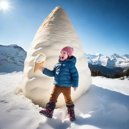 A high-quality, realistic photograph featuring a child in winter clothing, sliding down a giant ice cream cone that appears as large as a mountain