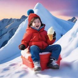 This is a high-quality, realistic photograph capturing a teenager, dressed in winter clothing, as tiny as Tom Thumb