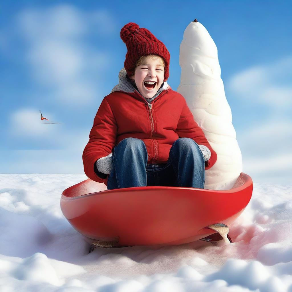 A high-resolution, realistic photograph depicts a teenager, as small as Tom Thumb, dressed in winter clothing