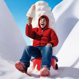 A high-resolution, realistic photograph depicts a teenager, as small as Tom Thumb, dressed in winter clothing