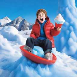 This is a high-quality, realistic photograph featuring a teenager, as small as Tom Thumb, clad in winter attire