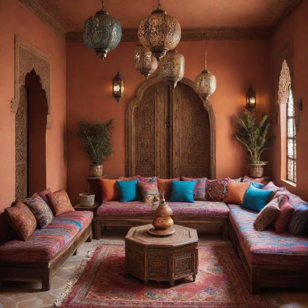 A living room showcasing Moroccan interior design. Features vibrant colours, patterned textiles, ornate wooden furniture, and intricately designed lanterns creating warm, ambient lighting.