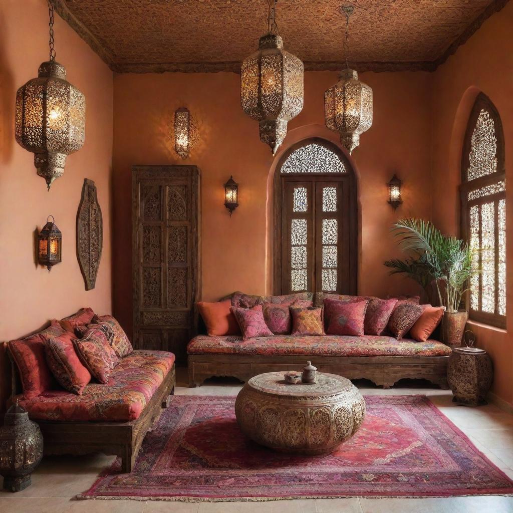 A living room showcasing Moroccan interior design. Features vibrant colours, patterned textiles, ornate wooden furniture, and intricately designed lanterns creating warm, ambient lighting.