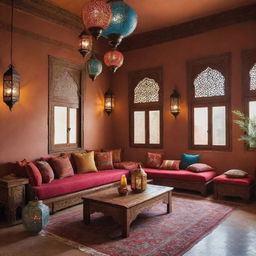 A living room showcasing Moroccan interior design. Features vibrant colours, patterned textiles, ornate wooden furniture, and intricately designed lanterns creating warm, ambient lighting.