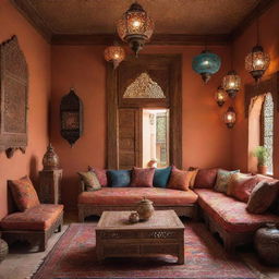 A living room showcasing Moroccan interior design. Features vibrant colours, patterned textiles, ornate wooden furniture, and intricately designed lanterns creating warm, ambient lighting.